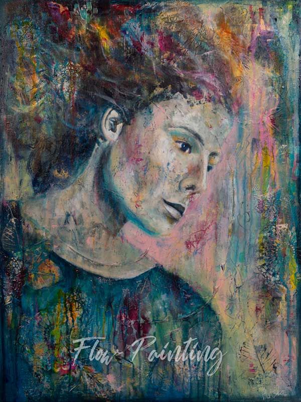 Color Flow - Mixed media portret schilderij - Ariska Keldermann-Simons
